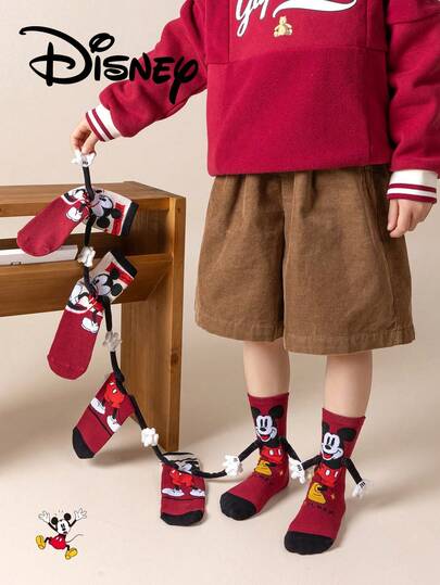 Disney 3双装可爱3D立体米奇牵手儿童圣诞过膝袜，高品质礼物，适合返校季和家庭聚会，趣味时尚，袜子爱好者的必备单品