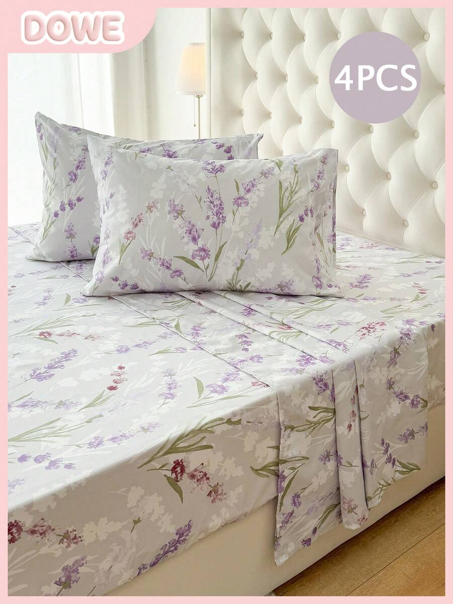 4pcs Set, 100% Polyester, Pastoral Floral, 35cm Deep Pocket Fitted Sheet, Printed Bedding Set (2 Pillowcases + 1 Flat Sheet + 1 Fitted Sheet), All-Season Modern Bedding Set, Minimalist Style, Soft & Comfortable, Breathable - Multicolor - View 1