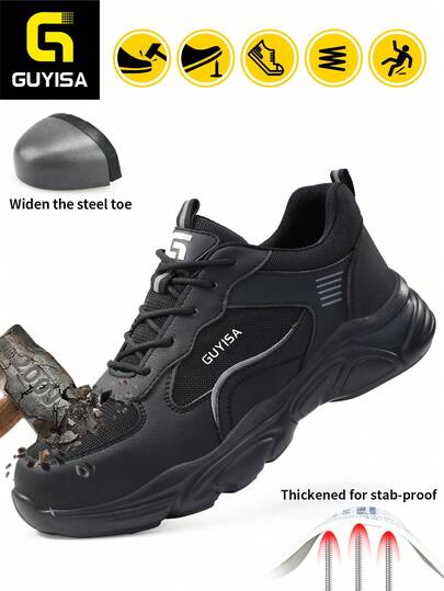 Men's Steel Toe Safety Shoes, Classic Series, Anti-Smash, Anti-Puncture, Breathable Steel Mesh Fabric, Comfortable, Fashionable, Lightweight, Rubber Sole, Black, Functional Work Shoes For All Seasons