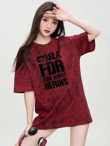 Áo thun nữ JUTU cổ tròn dáng rộng, in họa tiết tiếng Anh toàn thân, thích hợp cho mùa xuân/hè, phù hợp cho cả dự tiệc và mặc thường ngày. - 0A41 Ankera Đỏ-KJ0200 Đen - Xem 5