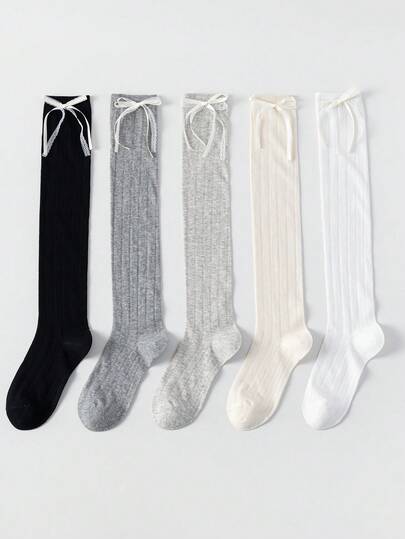 1双女士纯色薄款过膝袜，饰有可爱蝴蝶结，轻薄简约韩版风格，适合春夏穿着，洛丽塔日常穿搭