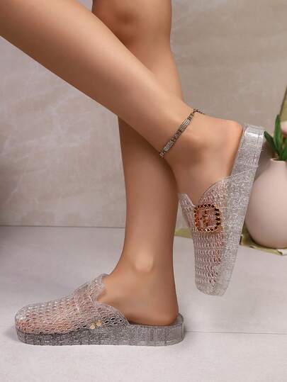 Sandalias de gelatina de cristal transparente para mujer, diseño hueco y transpirable para el verano, sandalias elegantes para damas adecuadas para la playa y actividades al aire libre