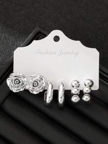 2/6/18pcs Fashionable Women Silver-Tone Earring Set, Includes Rose Flower, Preserved Flower, Orchid, Smooth C-Hoop, Striped C-Hoop, Twisted C-Hoop, Smooth Round Ball, Vertical Stripe Teardrop, Variety Of Textures, Suitable For Pairing With Different Styles - Silver - View 3