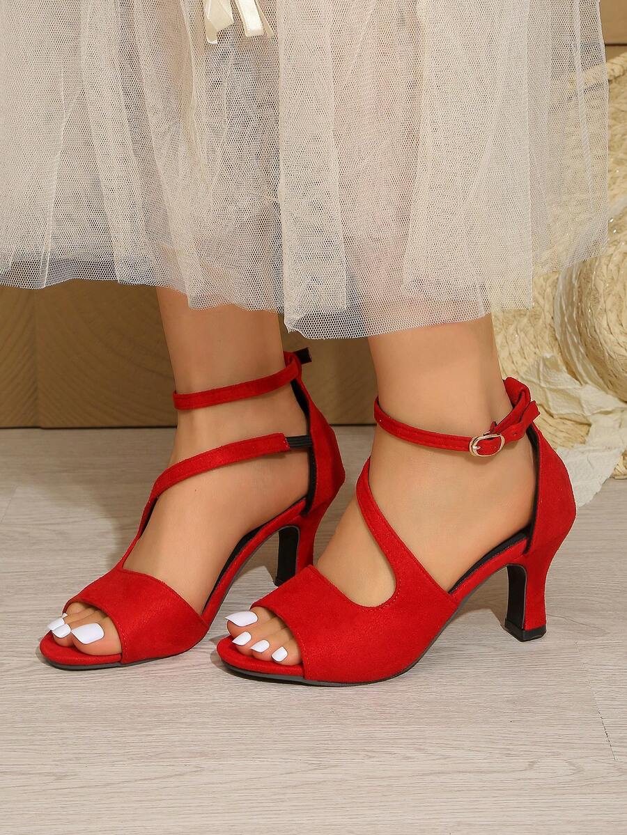Giày sandal cao gót dáng rộng cho nữ, giày hở mũi kiểu dáng thường ngày, gót nhọn, đa năng phù hợp với váy và các dịp trang trọng, cỡ lớn. - Đỏ - Xem 1