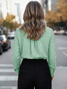 Women's Casual Basic Striped Pointed Collar Long Sleeve Shirt Blouse With Button Pockets, Suitable For Daily Office Wear, Autumn/Winter/Spring - Green CS046-1 - View 3