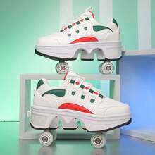 青少年/成人隐形四轮滑冰鞋，自动伸缩，系带PU皮革滑冰鞋 - 白色 - 查看 6