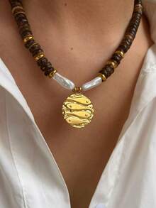 1件不锈钢圆形金鱼吊坠，配以木珠和不对称圆盘，18K镀金项链，防水百搭，女士适用 - 木串珠項鍊 - 查看 9