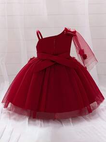 Baby Girls Bow & Flower Mesh Princess Dress, Suitable For Party & Flower Girl, Random Fabric Pattern, Headband Not Included - Burgundy - View 4