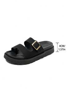 Korean Style Platform Slide Sandals For Women, Comfortable & Versatile, Double Strap With Metal Buckle Toe Loop, Suitable For Summer Outdoor Wear - Black - View 6