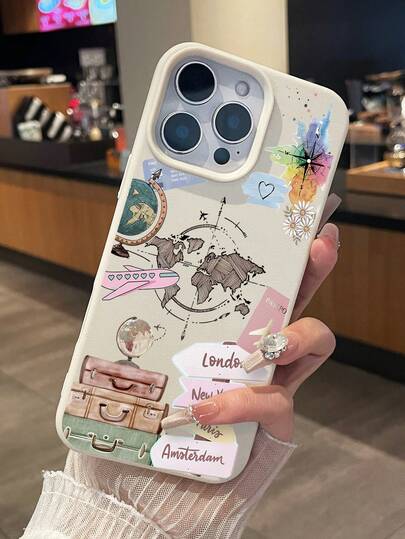 Funda de teléfono con estampado de tema de viaje, con mapa del mundo, monumentos de Londres/Nueva York/París/Ámsterdam, avión rosa, maleta, pasaporte y otros elementos clásicos de viaje. Material suave, amortiguador de golpes y resistente a los arañazos, que brinda protección diaria para teléfonos y Galaxy