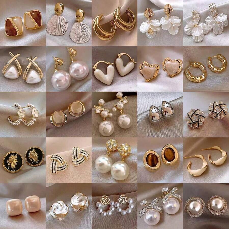 10 Pairs/Pack Luxury Inlaid Zinc Alloy Women Stud Earrings, Elegant & Versatile Mixed Styles Earrings Set Party, Wedding, Daily Wear, Fashion Jewelry Best, Random Delivery In OPP Bag - 混合風格 - 查看 1