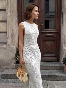 Đầm dạ hội không tay cổ tròn dáng đuôi cá khoét eo dành cho nữ LUBI mùa hè, chất liệu vải dệt kim thoáng khí, kiểu dáng tối giản thanh lịch, phù hợp cho đi biển, kỳ nghỉ, tiệc trà chiều, dã ngoại cuối tuần, lễ hội âm nhạc mùa xuân. - trắng - Xem 1