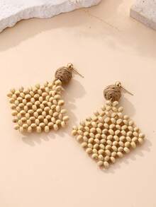 一对简约天然木珠手工编织方形几何耳环，适合日常通勤、百搭以及海岛度假。 - 原木色 - 查看 5