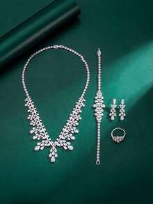 Bộ trang sức 5 món mạ Rhodium đính đá Cubic Zirconia cao cấp của Tylionnejewelry gồm dây chuyền, vòng tay, bông tai và nhẫn hở, thích hợp cho nữ giới, cô dâu, quà tặng Ngày của Mẹ, đám cưới, tiệc tùng, kỷ niệm. - Bạc - Xem 4