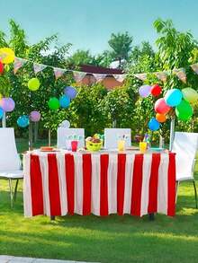 1 Set Red & White Striped Table Skirt, Circus Theme Party Table Skirt, Carnival Party Decor, Birthday Party Table Skirt, 168 Inch Carnival Theme Party Decoration Set, Carnival Table Skirt, Red & White Striped Tablecloth, Red & White Striped Pennant Flags, Circus Carnival Banner, Suitable For Carnival, Circus Decoration And Display - Nhiều màu - Xem 6