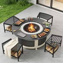 4-Piece Metal Backless Storage Bench Set, Weather-Resistant Curved Outdoor Bench & Plant Stand, Black - A - View 2