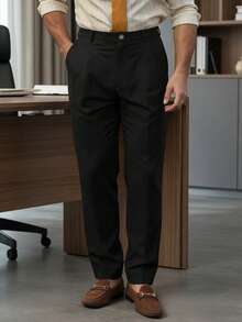 1pc Men's Light Business Casual Pants - Regular Waist Solid Color Office Trousers, Button Closure, Machine Washable, Versatile For All Seasons, Minimalist Design - Black - View 6
