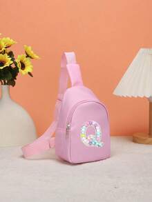 1pc Mini Nylon Zipper Closure Fashion Letter Chest Bag, Unisex Casual Multipurpose Pouch (Includes DIY Letter Stickers) - Pink - View 3