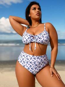 2026 New Plus Size Blue White Floral Bikini, High Waist Tummy Control Two Piece Swimsuit - Nhiều màu - Xem 7