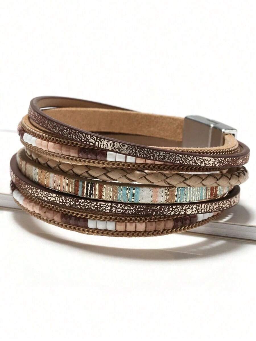 1pc European And American Style Zinc Alloy & Pu Leather Magnetic Clasp Khaki Bracelet For Women's Fashion And Commuting - 卡其色 - 查看 1