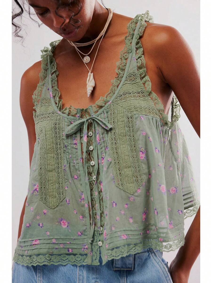 2026 Nuevo Top de Verano para Mujer, Camisola Ajustada de Color Sólido con Ribete de Encaje y Botones - Verde - Ver 1