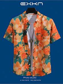 Vivid Tropical Orange And Yellow Blossoms Symbolize Warmth Joy And Summer Freedom 3D Print Hawaiian Style Mens Short Sleeve Casual Button Down Shirt - A508D-AT22695 - 查看 3