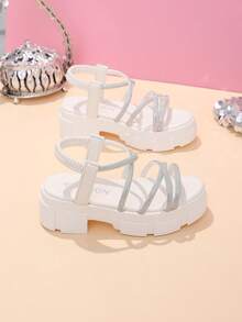 1 Pair Children's Summer Silver Rhinestone High Heel Sandals, Criss-Cross Strap Kids Thick Sole White Sandals, Minimalist Solid Color Versatile Elastic Band Casual Sandals, Suitable For Daily Wear And Matching Outfits - White - View 4