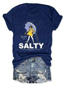Plus Size Salty With Umbrella Graphic Tee - Vintage Style Summer Beachwear For Women, Perfect For Vacation And Everyday Wear, T-Shirt-Unisex - 藏蓝色 - 查看 1
