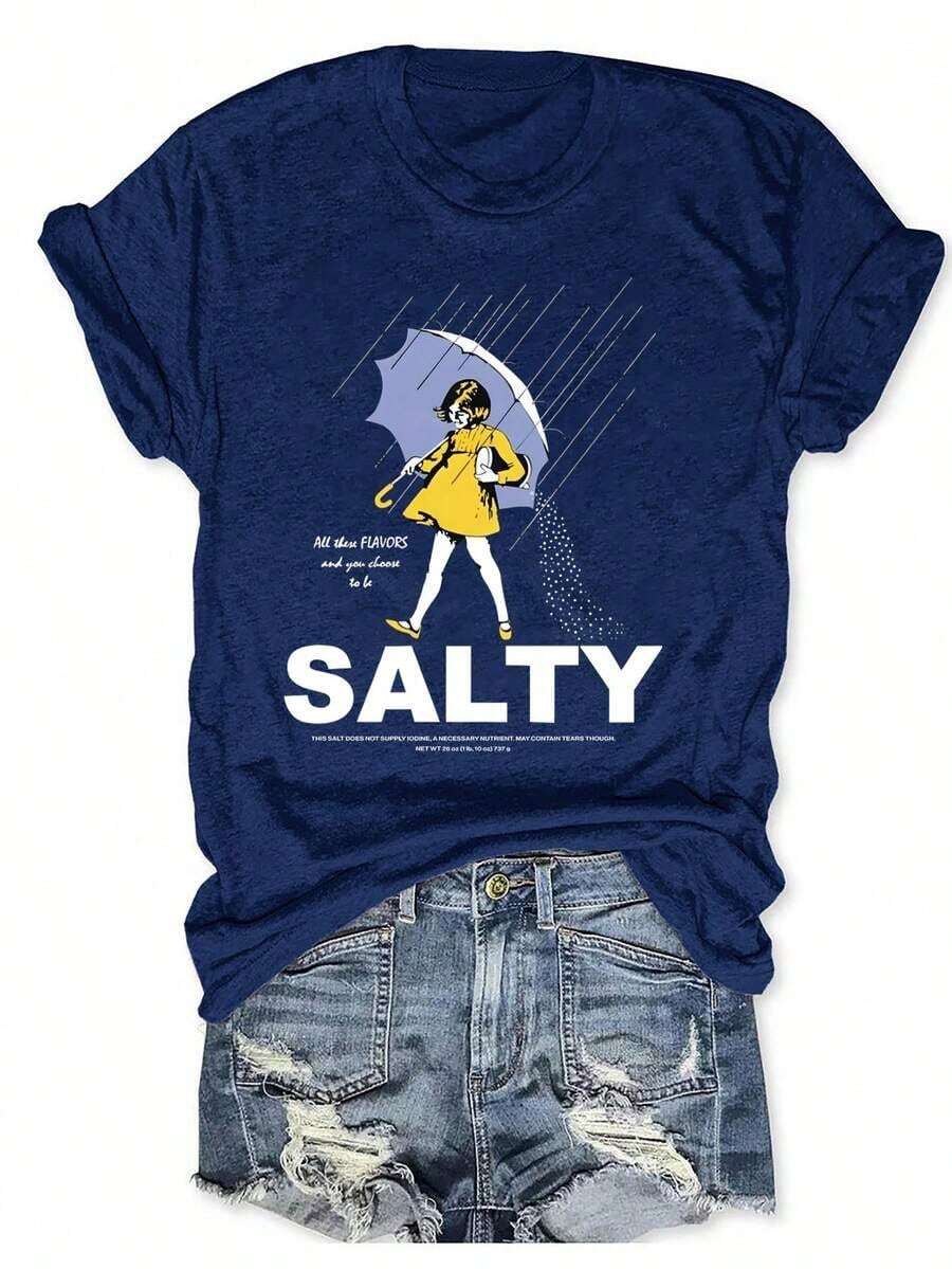 Plus Size Salty With Umbrella Graphic Tee - Vintage Style Summer Beachwear For Women, Perfect For Vacation And Everyday Wear, T-Shirt-Unisex - 藏蓝色 - 查看 1