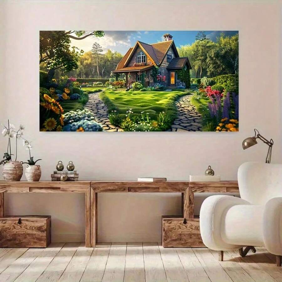 "1pc Modern Stone Cottage Garden Canvas Wall Mural - A Vibrant, Nature-Style Painting Suitable For Living Room And Bedroom Decor, Home Decor."