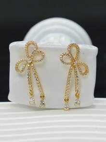 一对奢华全镶水晶蝴蝶结流苏耳环，独特设计长款耳环，精致优雅，适合女性约会之夜佩戴。 - 金色 - 查看 2