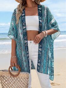 Summer Kimonos For Women Boho Floral Short Sleeve Flowy Cardigans Swimsuit Beach Cover Ups For Women - 湖藍色印花 - 查看 6