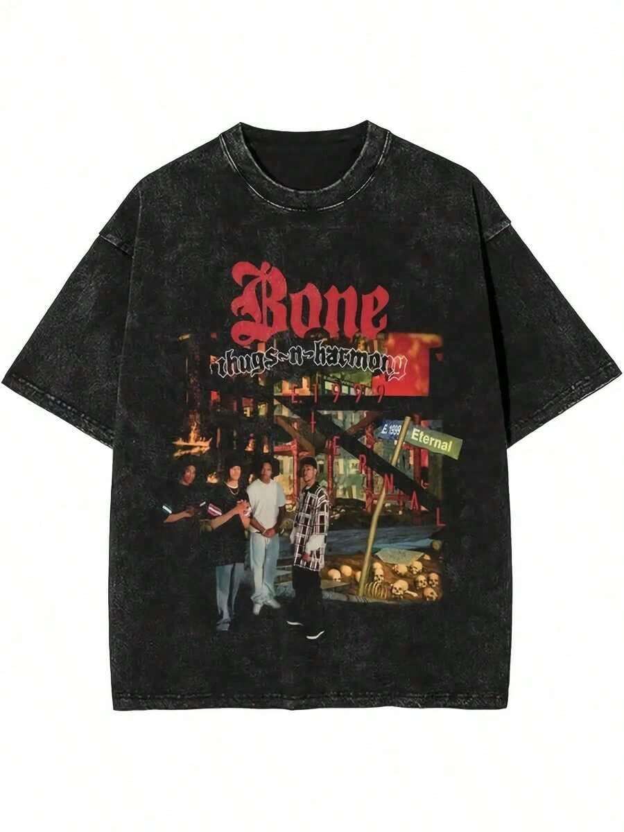 Men'S Vintage Hip-Hop Graphic T-Shirt - Oversized Round Neck Short Sleeve, Black Washed Retro Streetwear Tee With Bone Thugs-N-Harmony Design & "Eternal Things" Print, Durable All-Season Casual Rap Music Inspired Top For Casual Attiresummer Outfits For Womenvintage T Shirts - 黑色 - 查看 1