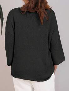 Plus Size Loose Solid Color 3/4 Sleeve Knit Sweater Black - Black - View 5