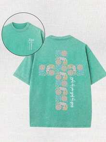 Camisetas nuevas de moda para hombres de primavera y verano, 230 gramos de algodón, camiseta de alta calidad con estampado batik de doble cara, cuello redondo y mangas cortas, "Caminar con confianza, no mirar. "Jesús, Dios, Creencia Religiosa, Cruz "Camisetas de Hombre, Deportes al Aire Libre, Ocio Urbano" - Rosa - Ver 11
