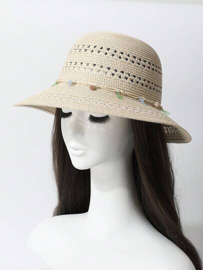 1pc Women's Summer Hollow Woven Straw Hat, Fresh Resort Style Sun Hat, Suitable For Beach Trips