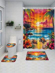 1/4 Piece Bathroom Set, Hibiscus Flower, Seashell, Sea Turtle, Tropical Plants, Ocean, Coastal Blue Green Yellow Pink Shower Curtain, Machine Washable For Summer, Bathroom Use, Includes 12 Hooks, Non-Slip Bath Mat, U-Shaped Toilet Lid Cover - A - View 8