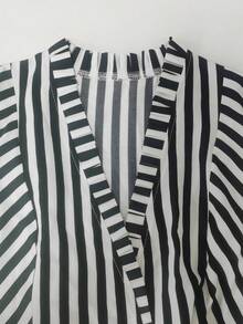 Damen Langarmhemd, Business Casual vorne kurz hinten lang, modisch elegante Pendlerkleidung, gestreifter Muster taillierter Rüschenkragen, geeignet für alle Jahreszeiten Frühling - Mischfarben - Übersicht 3