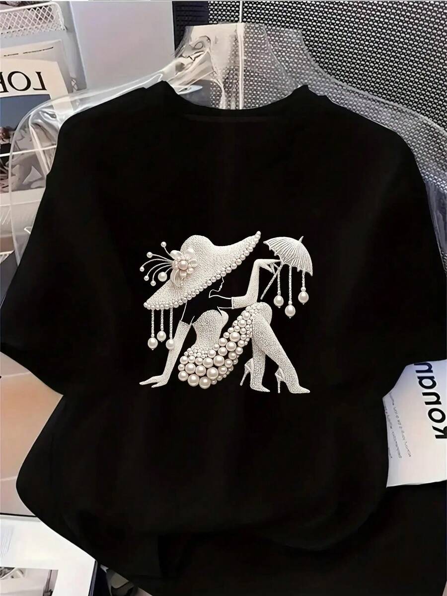 1pc Women's Pearl Top Hat Girl Printed Pattern T-Shirt, Spring And Summer Fashion Short Sleeve T-Shirt,  All-Match Casual Style, The Most Perfect Holiday Gift For Girlfriend And Wife. - 黑色 - 查看 1