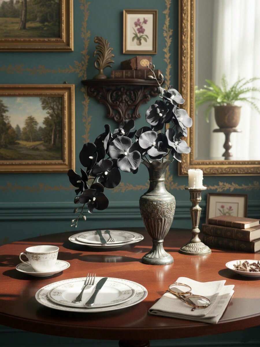 1朵人造黑兰花,现代装饰花卉,奢华餐桌摆饰,花卉礼品,适用于室内、家居、厨房、婚礼、餐桌、办公室、花园、派对、节日、春季装饰 - 黑色 - 查看 1