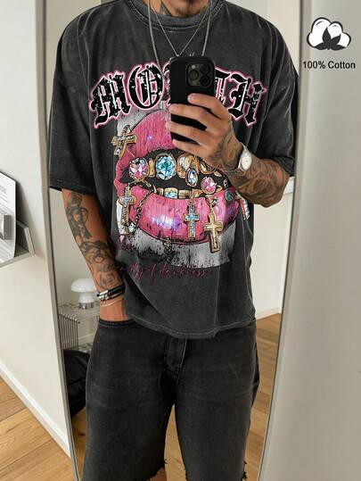 男士夏季水钻牙齿印花复古时尚嘴唇图案短袖T恤，适合户外穿着