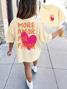 Tween Girl "MORE AMOR POR FAVOR" Print Soft & Comfortable T-Shirt, Suitable For Girls Traveling, Vacation, Outdoor Sports, Daily Wear, Casual Travel, Best Choice For Fashionable Girls In Spring And Summer - Apricot - View 4