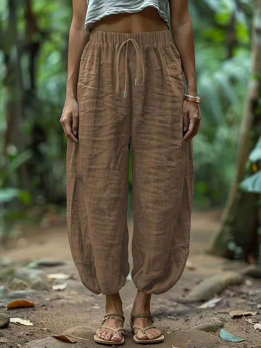 Casual Loose Comfortable Minimalist Solid Color Linen Lantern Pants Spring - Coffee Brown - View 1