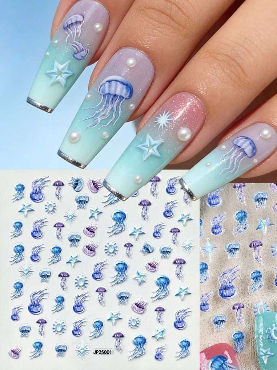 1 Tờ Hình Dán Móng Tay 5D Phong Cách Đại Dương Hình Sứa & Sao Biển, Thích Hợp Cho Mùa Xuân/Hè, Lễ Hội Âm Nhạc, Tiệc Bãi Biển, Trang Trí Móng Tay Cho Nữ