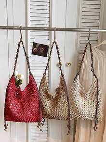 1 chiếc túi tote dệt thủ công bằng cotton, thoáng khí, có móc len, đính hạt cườm và tua rua, kiểu dáng Bohemian, có lớp lót vải, tạo cảm giác thoải mái, phù hợp đi làm hàng ngày, phong cách nghệ thuật trẻ trung, đi biển, dã ngoại. - Màu be - Xem 2