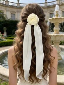 1个波西米亚粉色花朵发夹，长款丝巾发圈，实用发饰，适合女性，夏季、假日、旅行，头部配饰 - 彩色 - 查看 3