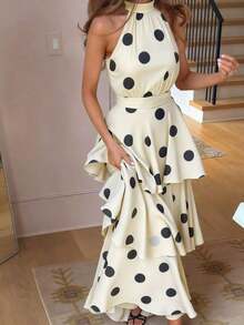 Women's Elegant Polka Dot Sleeveless Shirred Waist Layered Ruffled Dress, Bohemian Style, Spring/Summer - 紅色 - 查看 5