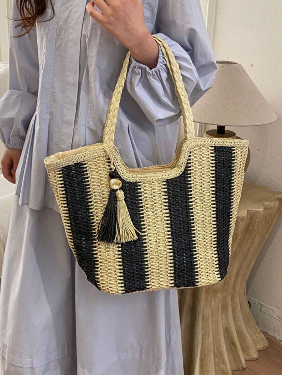 2026新款手工编织条纹手提包，大容量草编沙滩包，适合夏季度假 - 黑色 - 查看 1