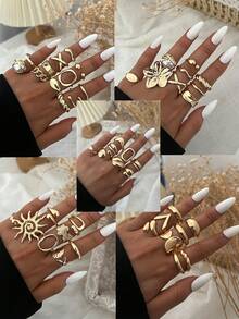 Conjunto de 20/14/6 anéis femininos vintage elegantes em estilo boêmio, com design geométrico assimétrico, apresentando estrela-do-mar, girassol, coração, gota d'água e pérola. Design vazado com múltiplos elementos, ideal para uso diário, festas, praia, encontros e como presente em feriados (envio aleatório). - Ouro - Ver 3