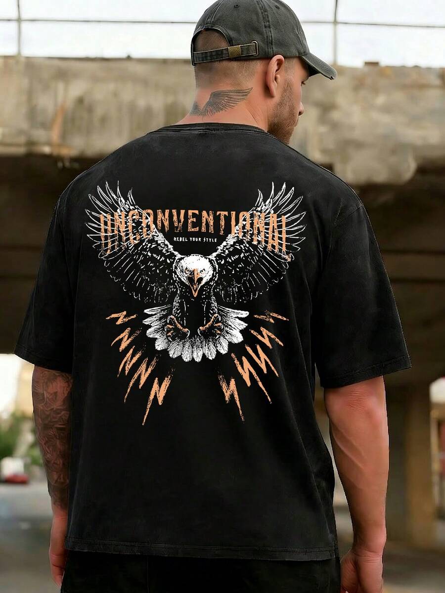 Striville Men's Eagle Print Fashion Short Sleeve T-Shirt, Comfortable & Breathable, Suitable For Summer, Leading Style - Black - View 1